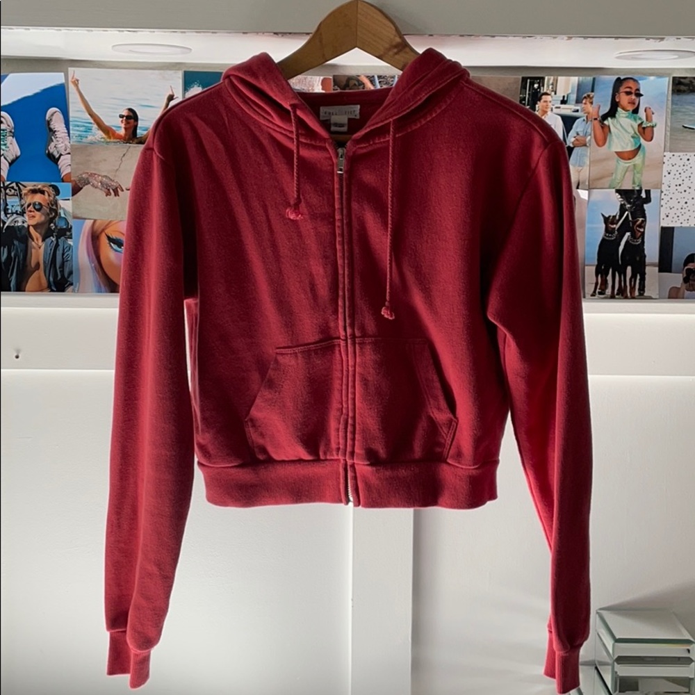 Red cropped zip up hoodie